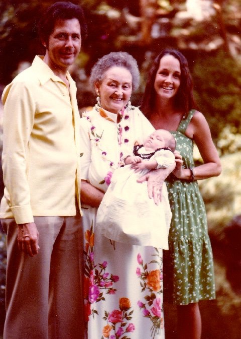With Martha, Linda, and baby Aaron at his baptism, East-West Center garden.